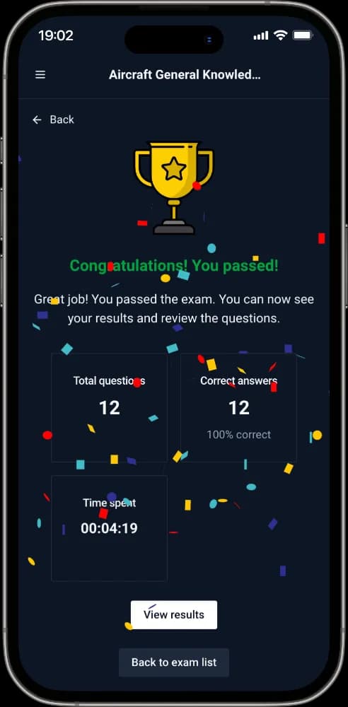 Results page of a passed practice test